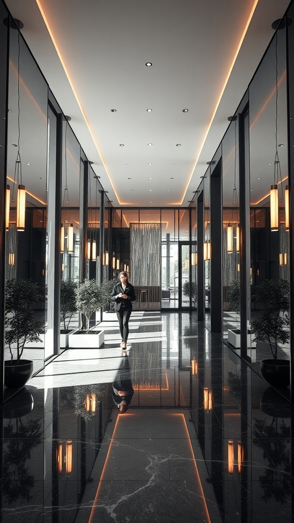 A modern lobby interior featuring mirrors, stylish lighting, and decorative plants.