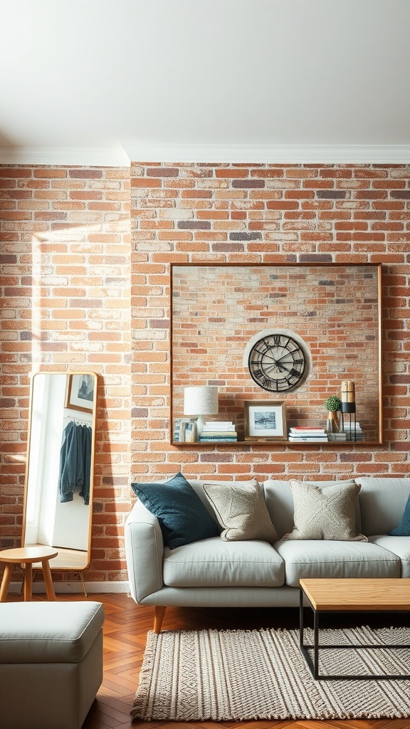 A cozy living room with a brick wall, featuring a mirror, a sofa, and decorative elements.