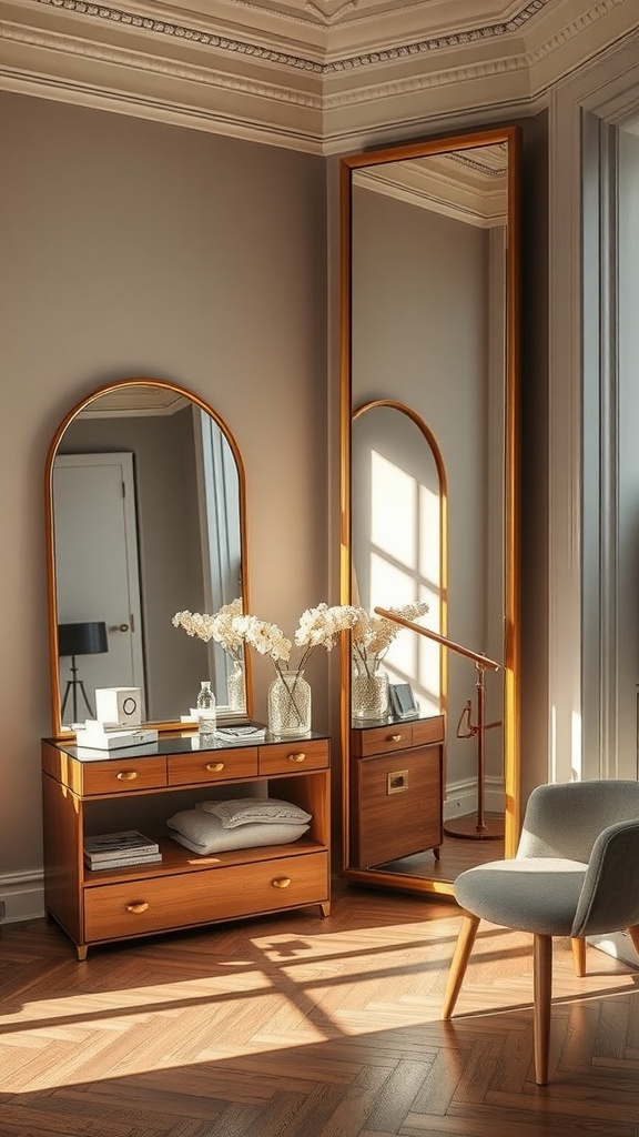 A cozy interior featuring a wooden dresser and large mirrors reflecting light, showcasing an elegant, warm atmosphere.