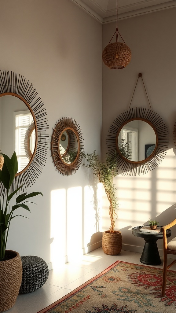 A corner of a boho interior design featuring multiple decorative mirrors, plants, and warm lighting.