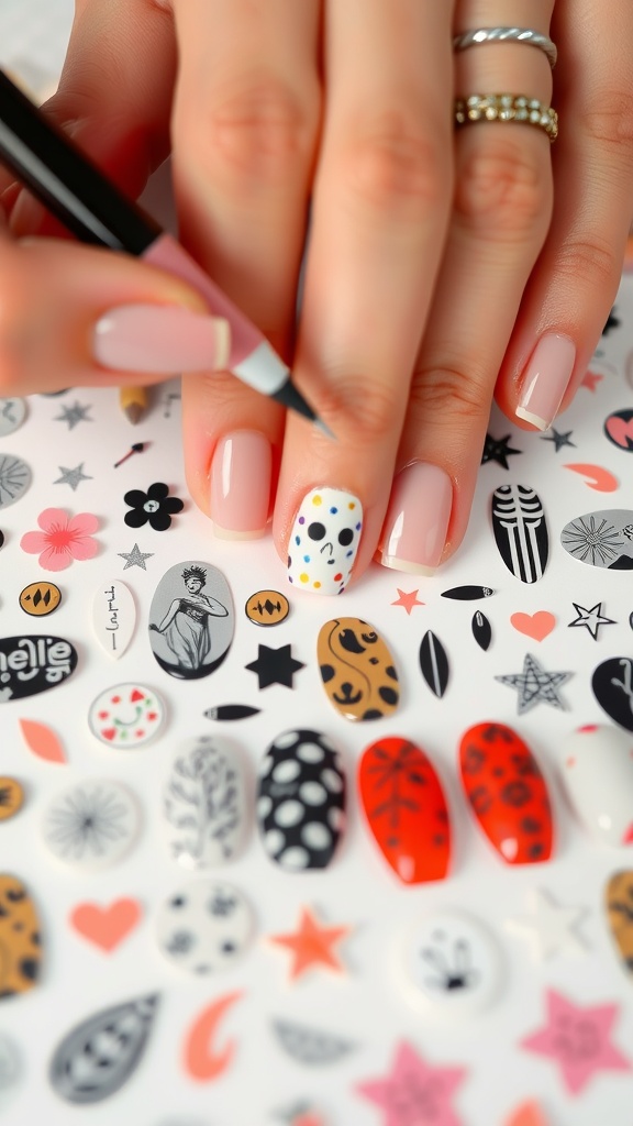 A close-up of a person applying nail stickers on oval nails with various designs in the background.