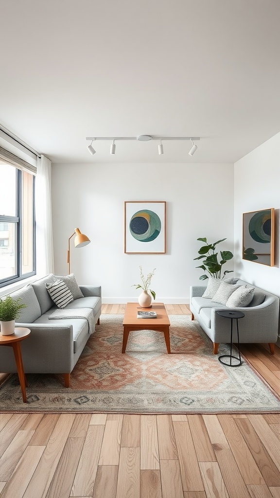 A stylish living area featuring a rug that defines the space with two gray sofas and a wooden coffee table.