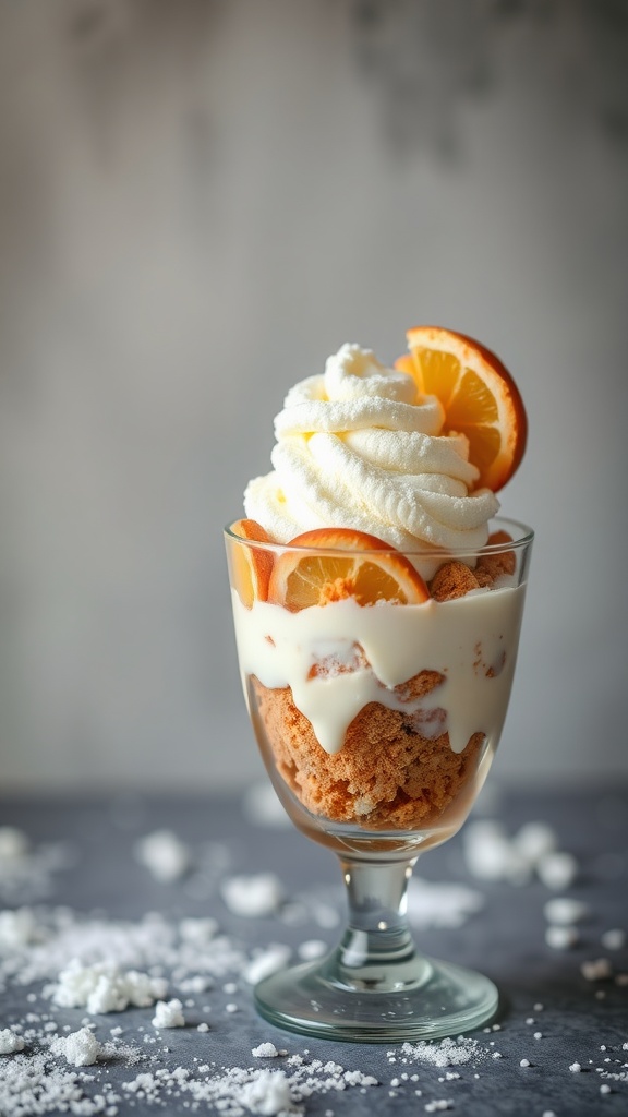 A delicious serving of snow ice cream topped with whipped cream and orange slices.