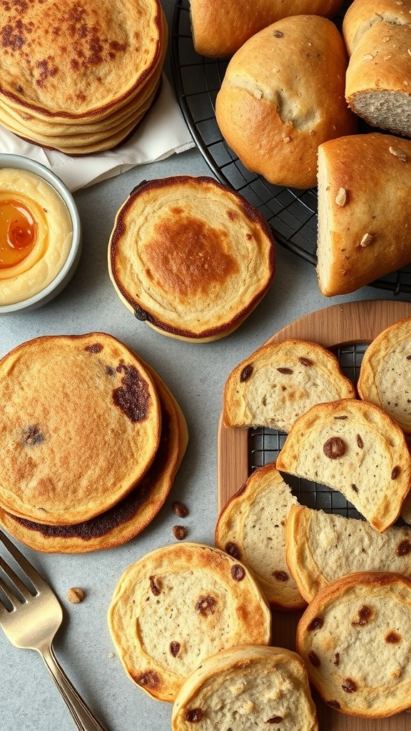 Sourdough discard pancakes and rolls served with various toppings.