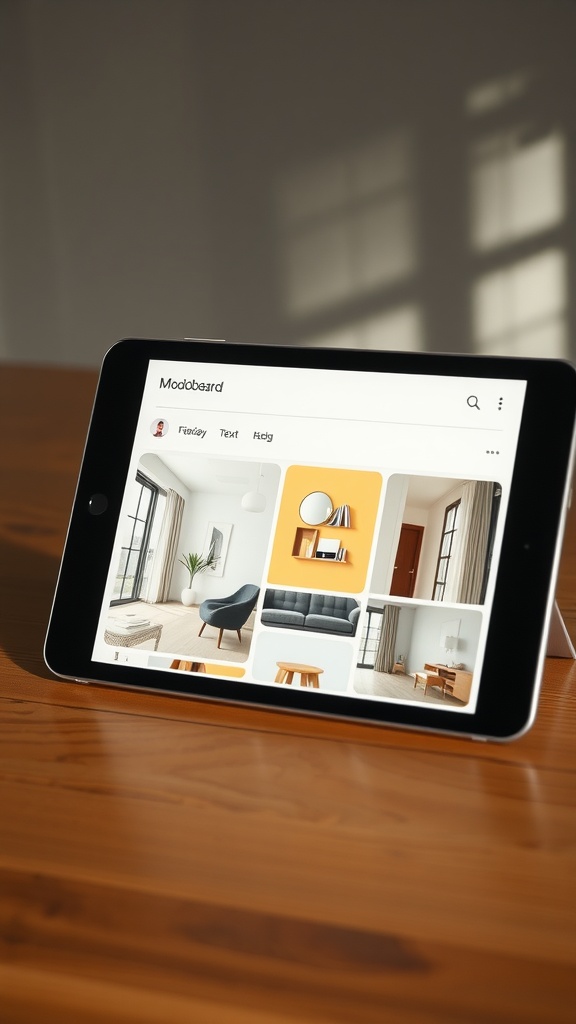 A tablet displaying a digital moodboard for interior design with images of various room designs.