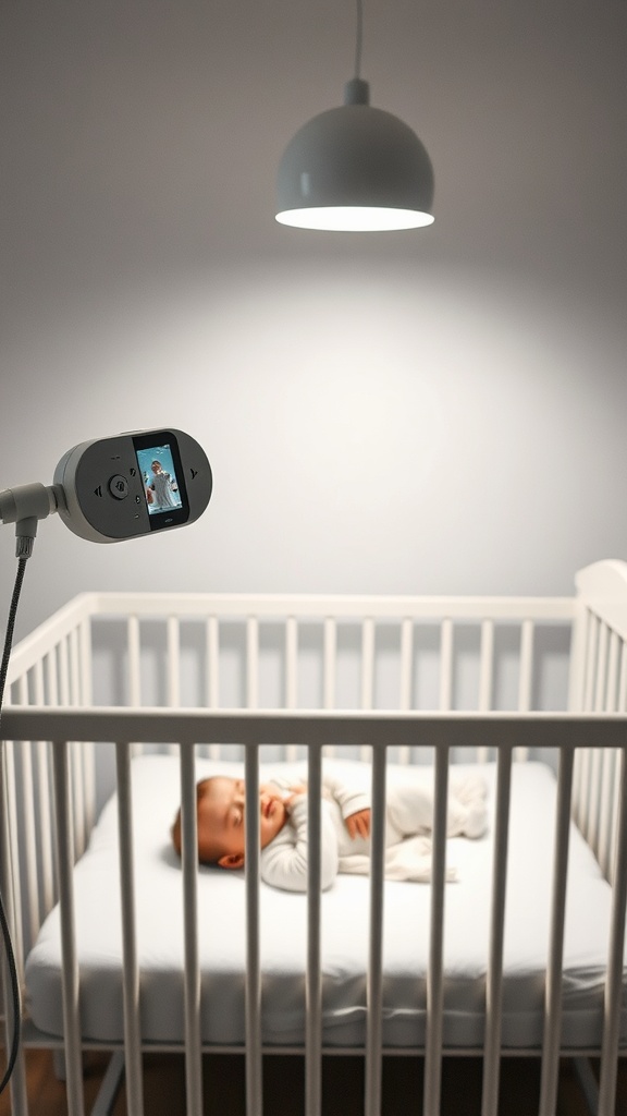 A baby monitor showing a sleeping baby in a crib, with a lamp overhead