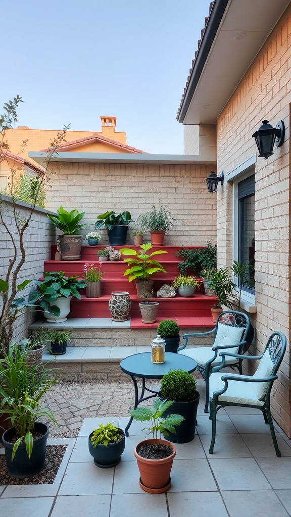 A small patio with tiered plant arrangements and outdoor seating.