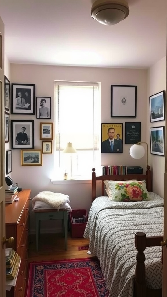 A small bedroom featuring a cozy bed, a colorful rug, and framed wall art.