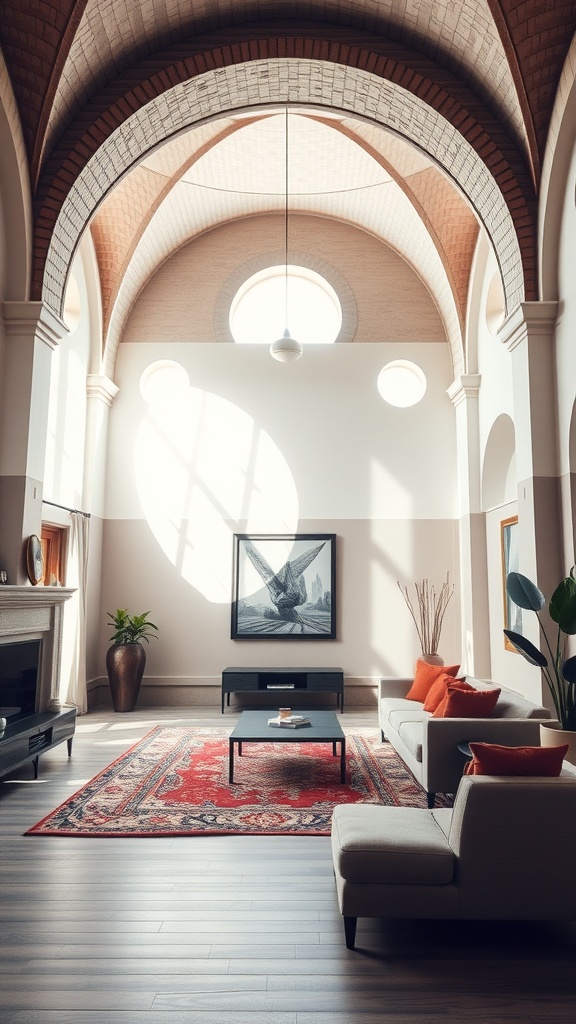 A spacious living room with high arches and natural light, showcasing modern classic interior design.