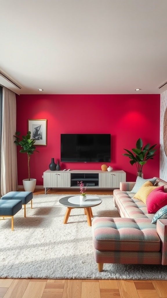 Living room with a bright red accent wall, modern furniture, and decorative plants.
