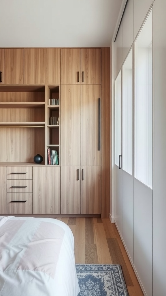Interior of a small bedroom featuring built-in cabinetry and shelves.