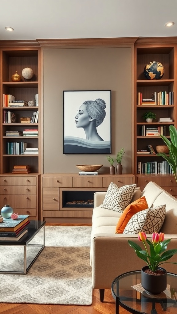 A stylish living room with built-in shelving displaying books and decorative items.