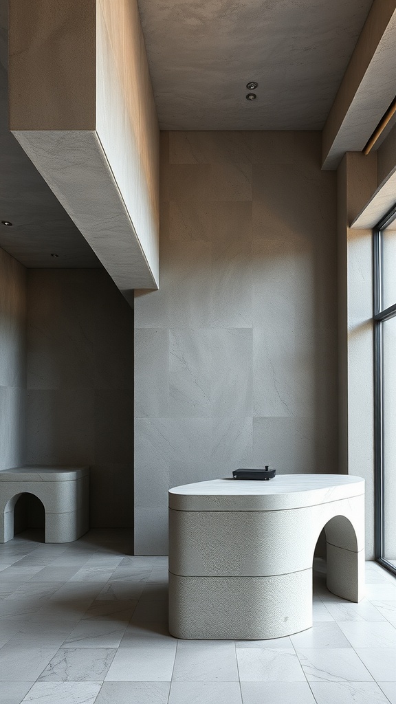 Interior space featuring concrete walls and furniture.