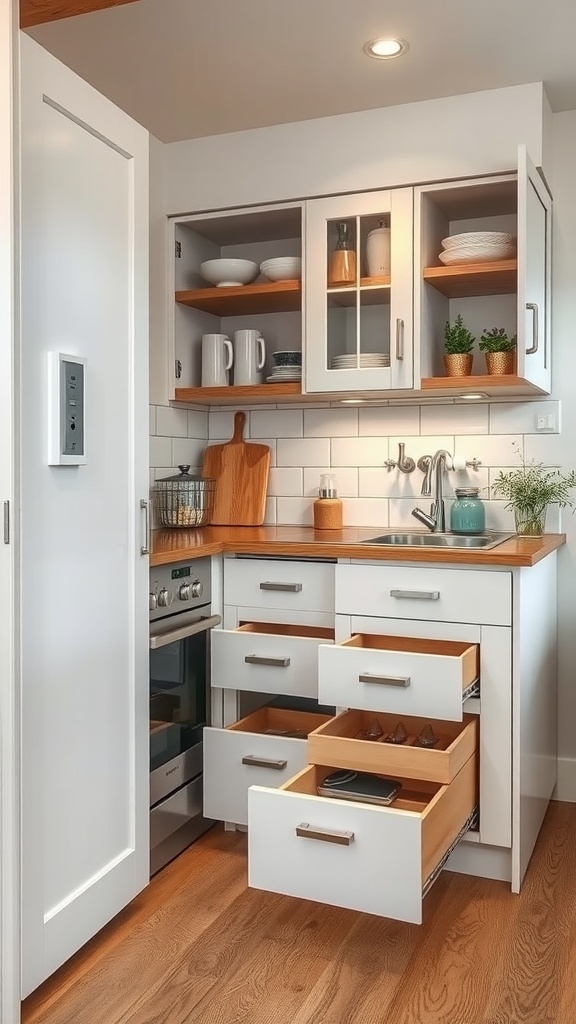 A small kitchen featuring hidden storage solutions with pull-out drawers and shelves.
