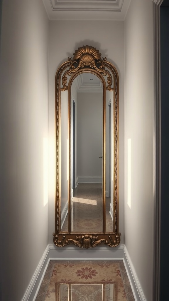 A beautifully framed mirror in a hallway, enhancing the interior design.