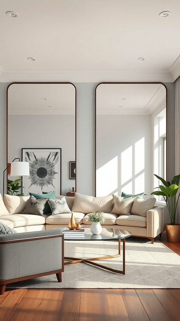 A cozy living room featuring large mirrors that create an illusion of space