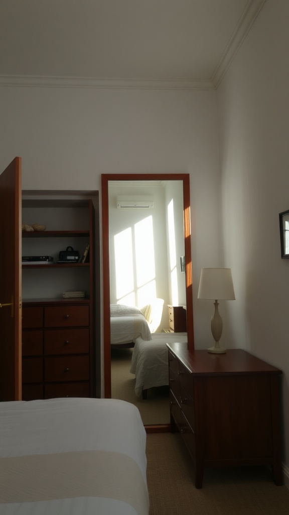 A small bedroom featuring a mirror reflecting light and furniture.
