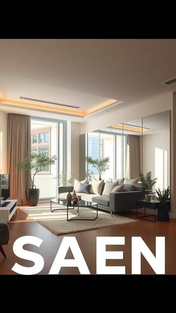 A modern condo interior featuring a spacious living area with large windows and decorative mirrors.