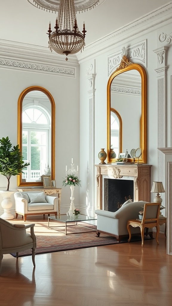 Elegant neoclassical living room with mirrors, chandelier, and beautiful decor.
