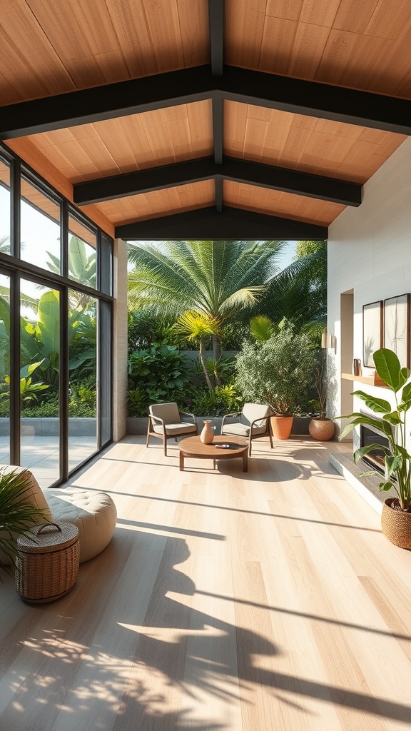 A bright, airy living space with large windows and tropical plants, showcasing open space design.