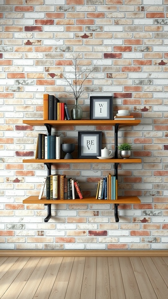Living room interior with a brick wall and wooden shelves displaying books and decor.