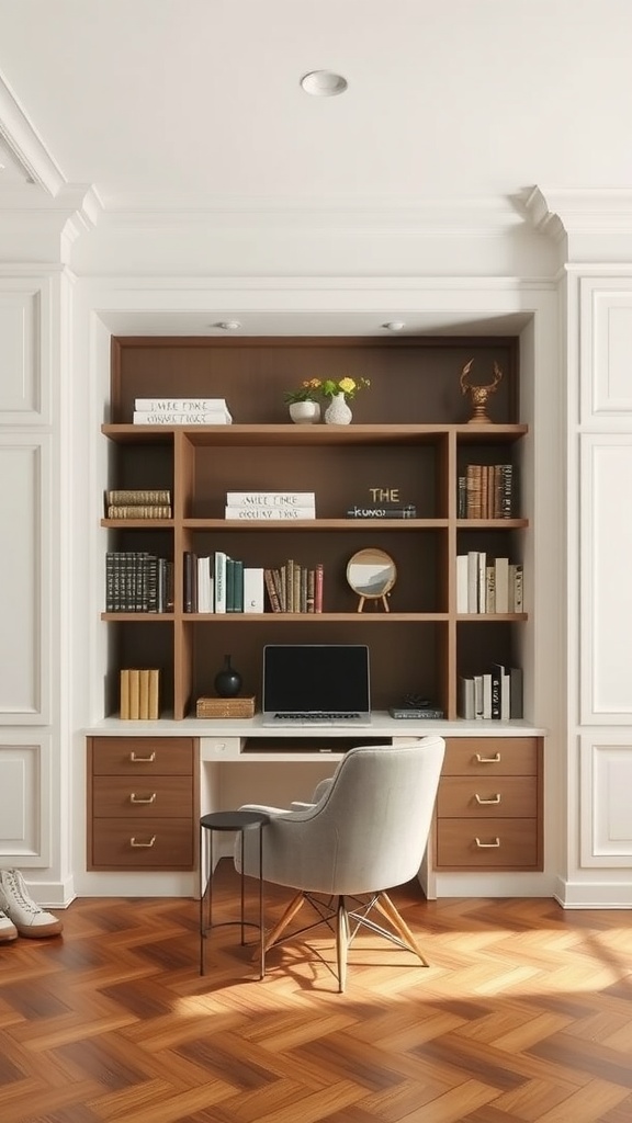 A stylish home office with built-in shelves and a desk, reflecting old money interior design.