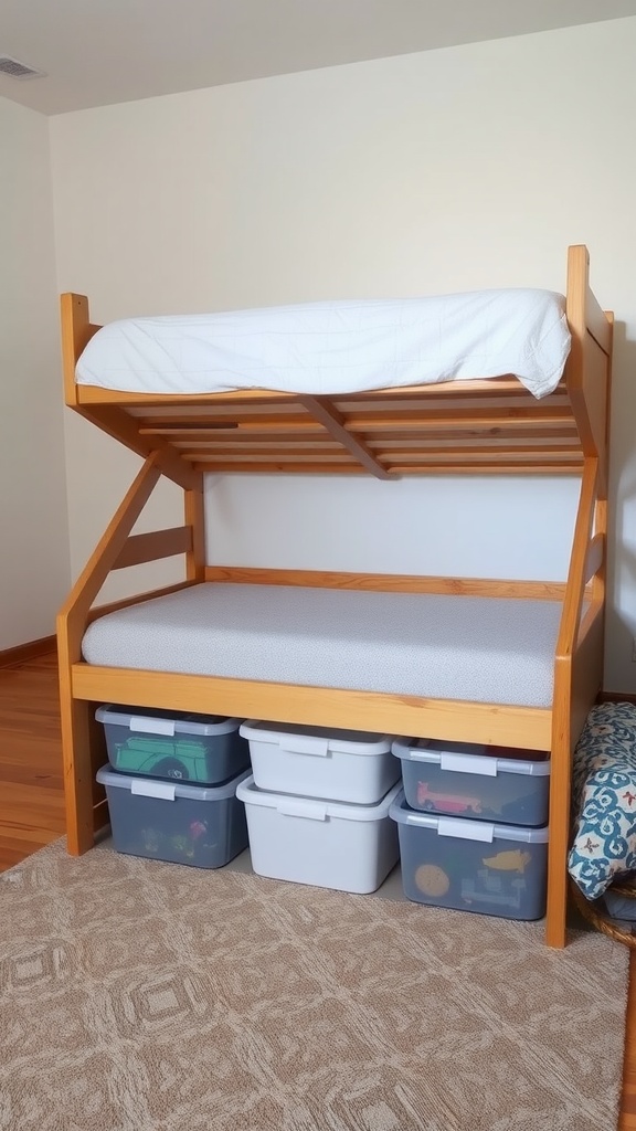 Wooden loft bed with under-bed storage containers