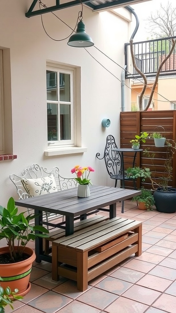 A cozy small patio with a table that has under-table storage, surrounded by plants.