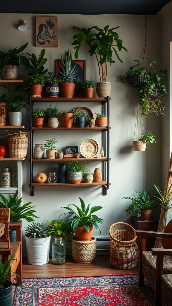 A cozy boho-style interior showcasing vertical shelves filled with various plants and decorative items.