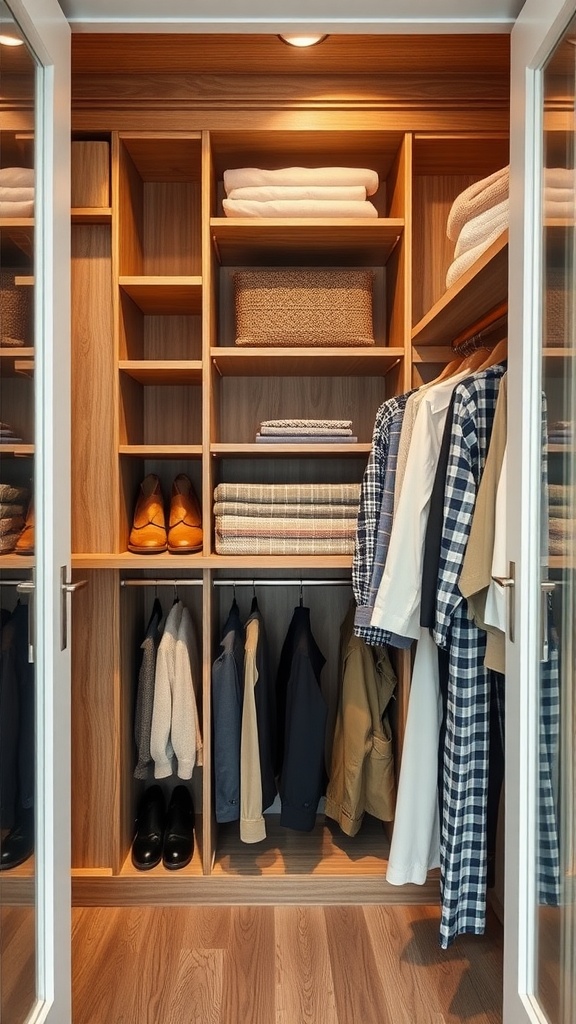 A well-organized wardrobe featuring vertical storage solutions, including shelves for folded items and hanging space for clothing.