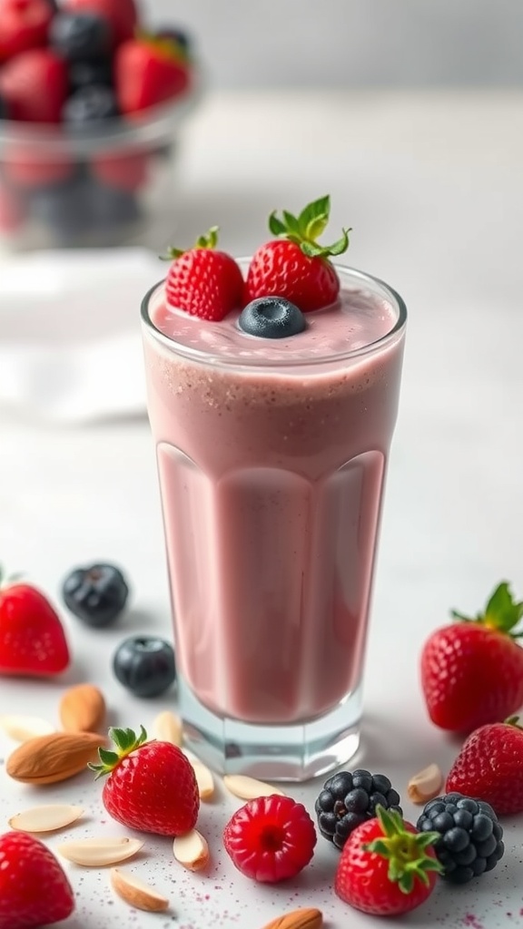A glass of Vanilla Almond Berry Smoothie topped with berries and almonds.