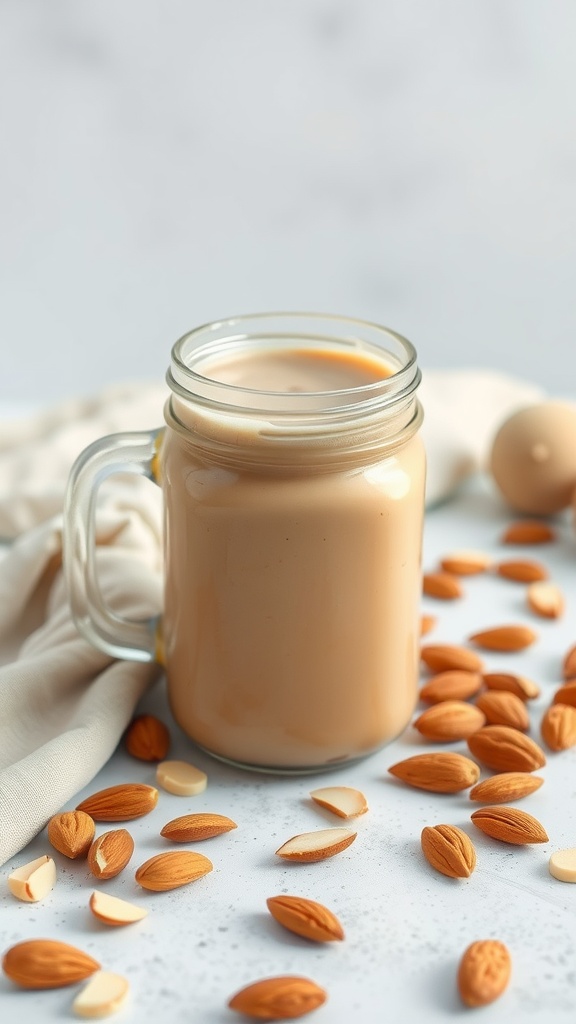 A delicious Vanilla Almond Coffee Blast smoothie in a glass jar surrounded by almonds.