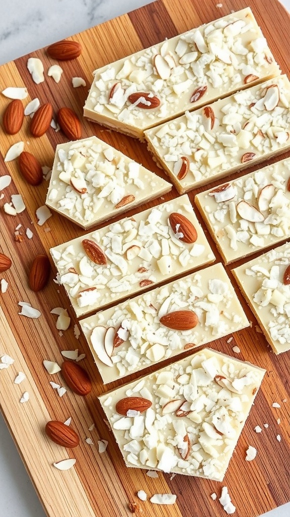 Delicious Vanilla Almond Joy Bars topped with sliced almonds and coconut.