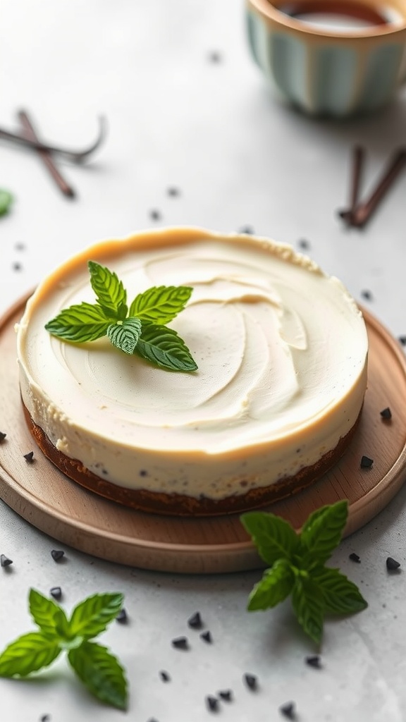 A delicious vanilla bean keto cheesecake topped with mint leaves.
