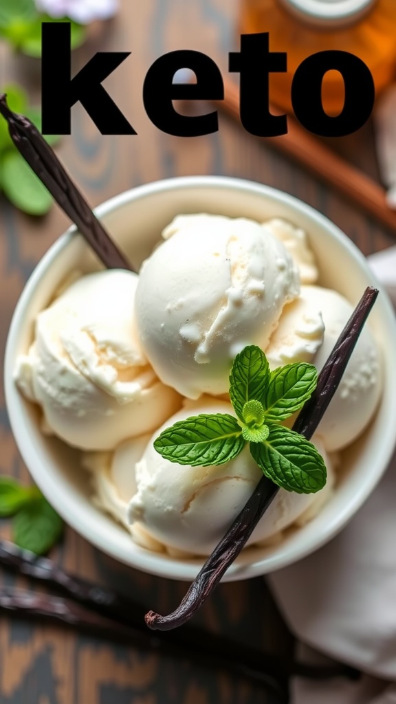 A bowl of vanilla bean keto ice cream with mint leaves and vanilla pods.