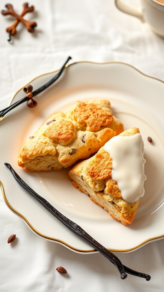 Delicious vanilla bean scones on a plate with vanilla pods