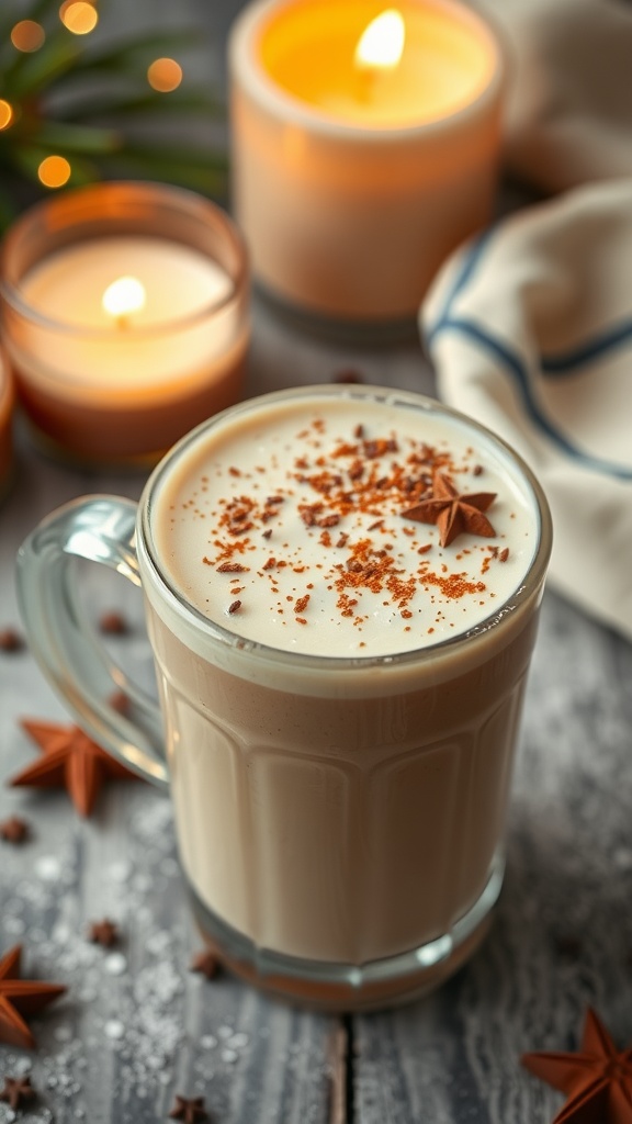 A cozy vanilla chai smoothie in a glass, topped with spices and surrounded by candles.