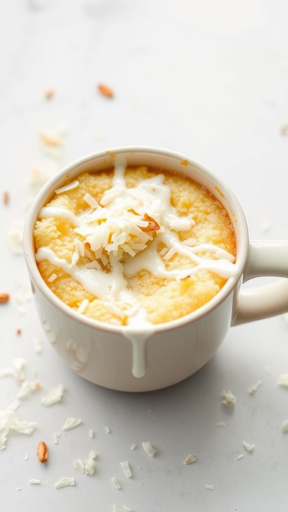 Vanilla coconut keto mug cake topped with coconut flakes and cream.