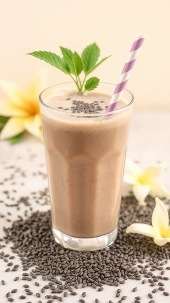A delicious Vanilla Maca Chia Seed Smoothie in a glass with a straw and mint garnish.