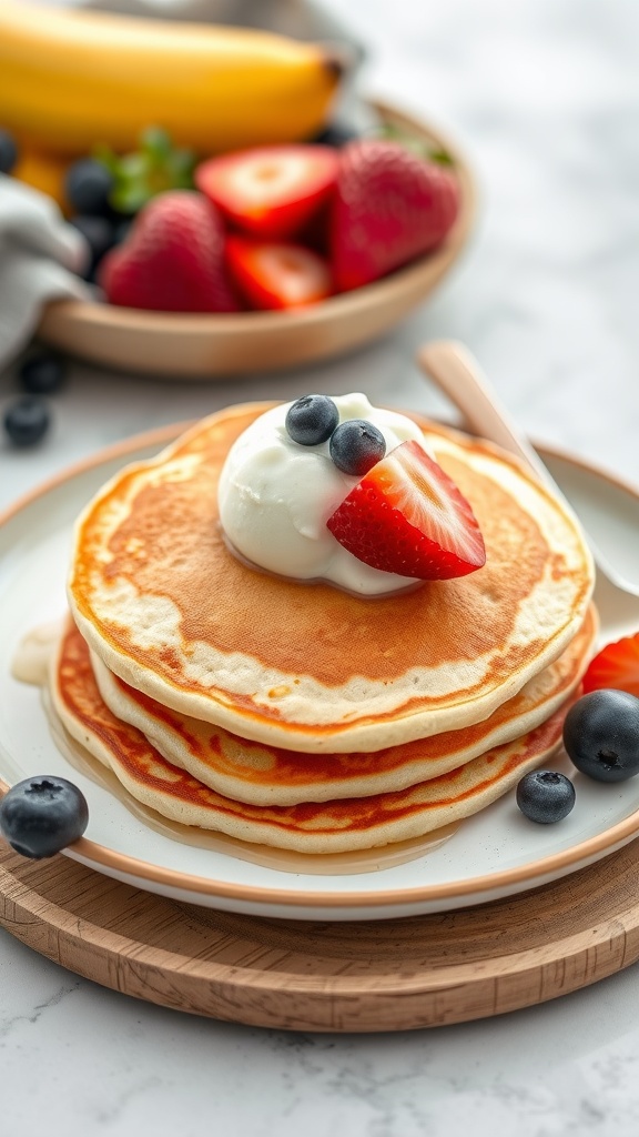 Stack of fluffy vanilla protein pancakes topped with strawberries, blueberries, and whipped cream