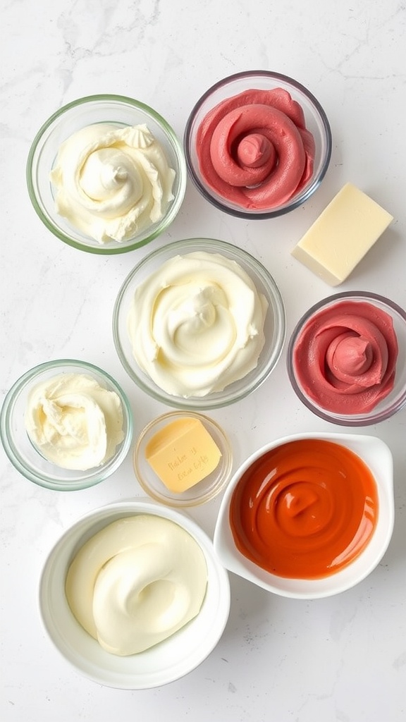 Colorful variations of cream cheese frosting in glass bowls