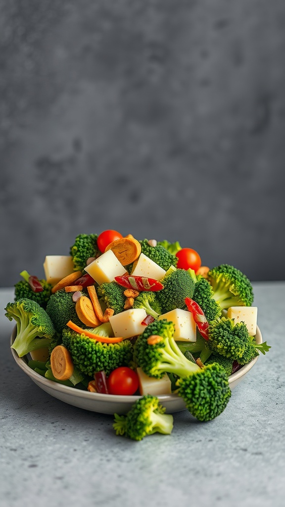 A vibrant vegan-friendly broccoli salad with fresh vegetables and almonds.