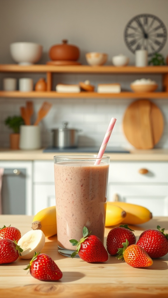 A delicious strawberry banana smoothie in a glass with fresh strawberries and bananas on a wooden table.