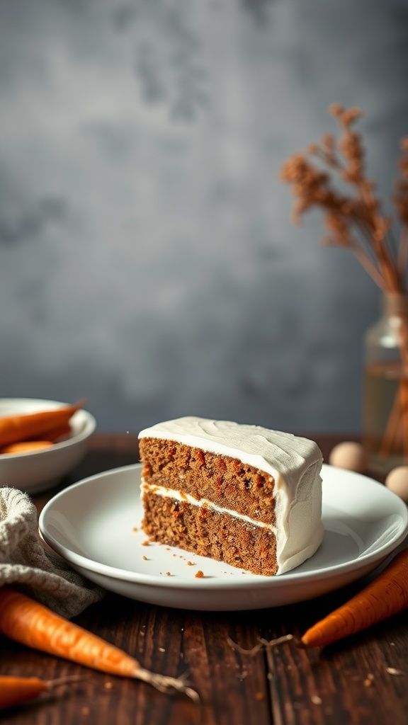 A slice of vegan carrot cake on a plate, garnished with carrots.