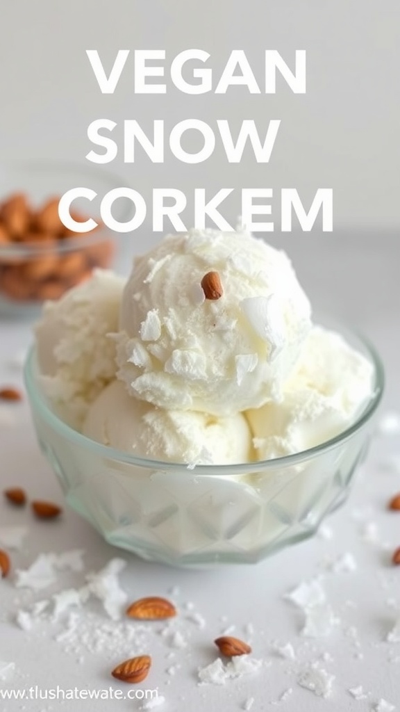 A bowl of vegan snow ice cream with almonds on the side