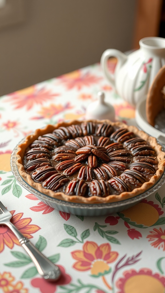 A beautifully arranged vegan pecan pie, showcasing glossy pecans on top of a golden crust.
