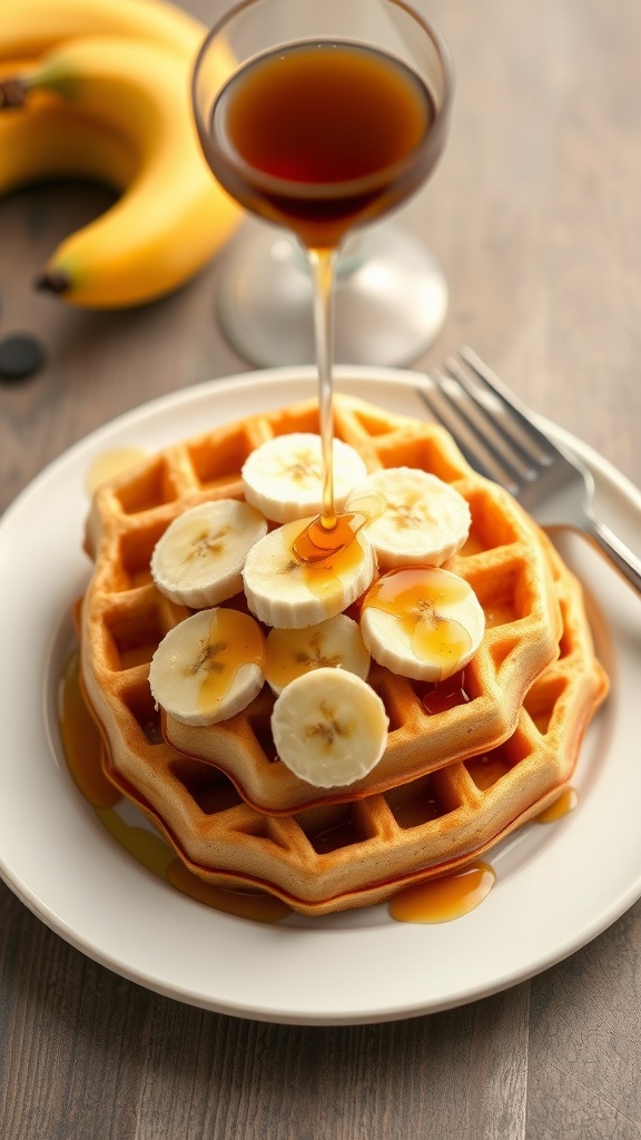 Vegan waffles topped with banana slices and maple syrup