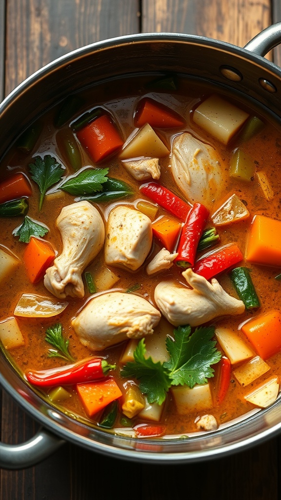 A pot of vegetable-loaded chicken soup with colorful carrots, bell peppers, and chicken pieces.
