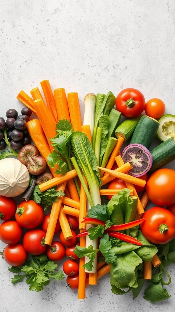 A variety of fresh vegetables including carrots, cabbage, and bell peppers