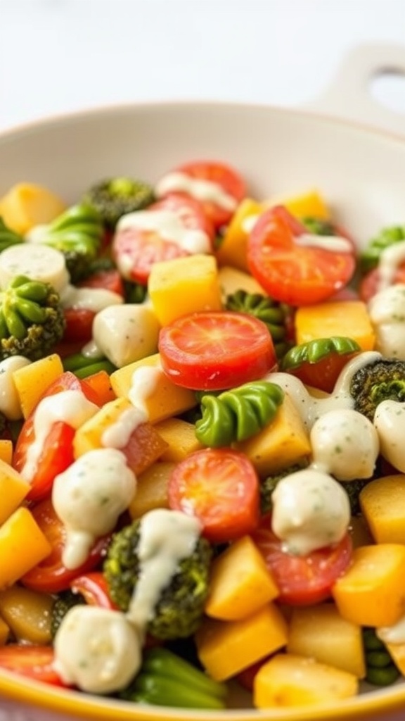A colorful vegetable medley with alfredo sauce drizzled on top.